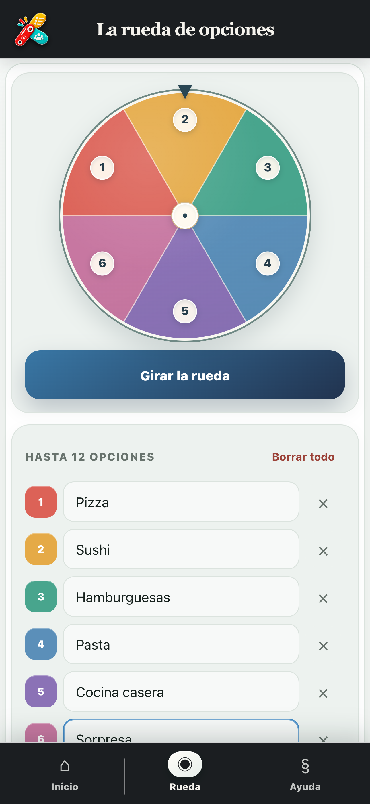 Rueda personalizada con seis ideas de comida