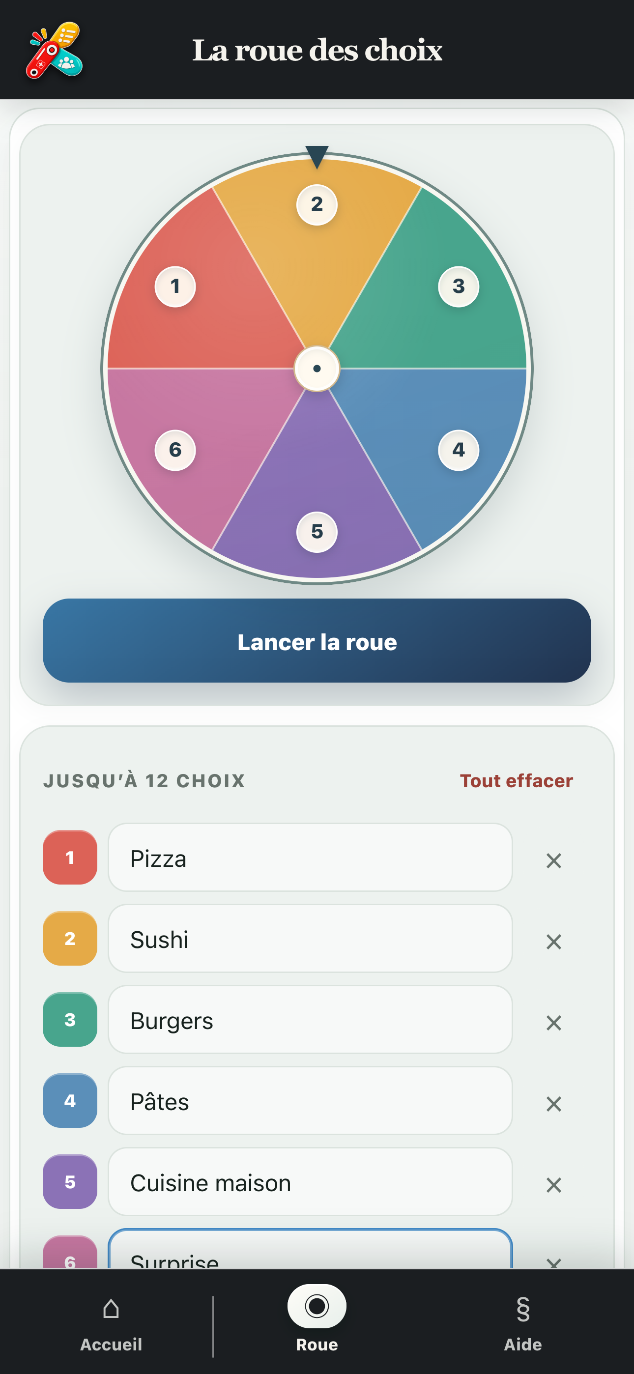 Roue personnalisée avec six idées de repas